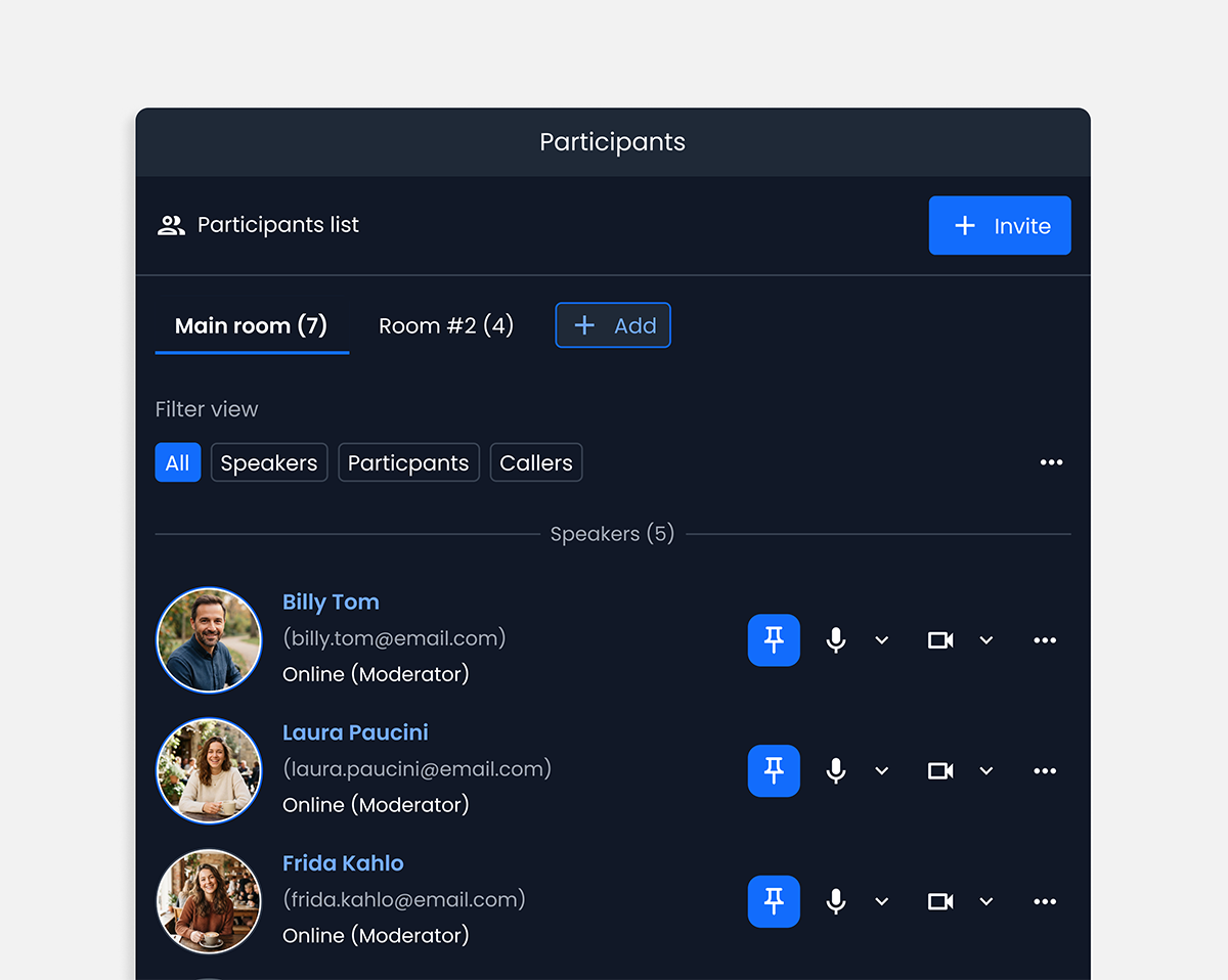 Participants list in the live management tool